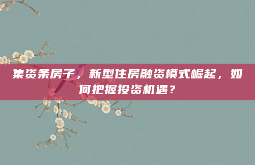 集资条房子，新型住房融资模式崛起，如何把握投资机遇？