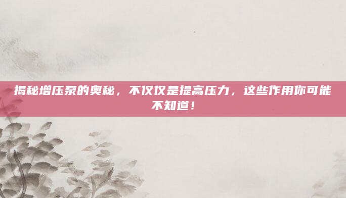 揭秘增压泵的奥秘，不仅仅是提高压力，这些作用你可能不知道！